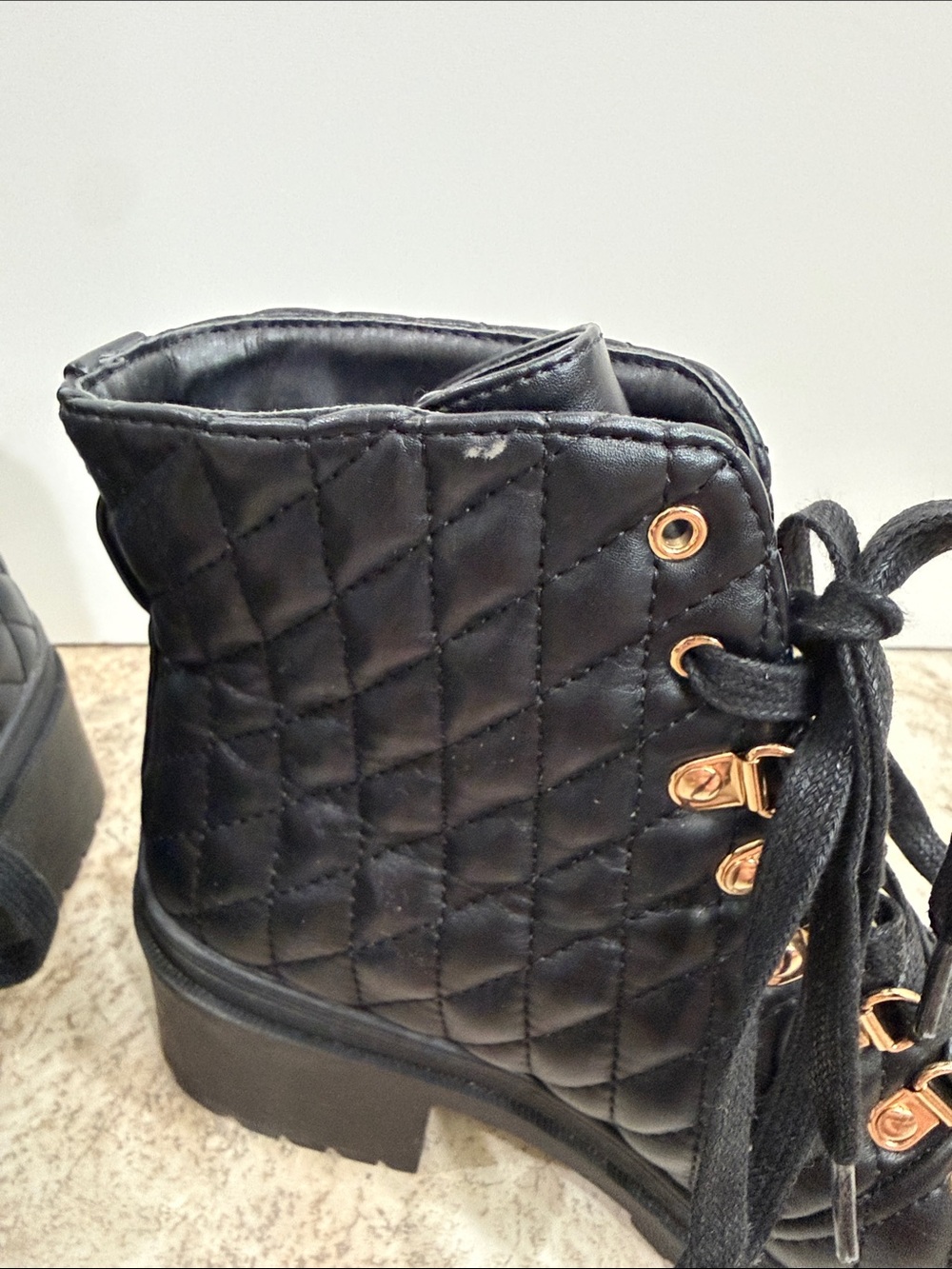 Forever 21 Black Quilted Lace-Up Ankle Boots with Gold Hardware - Picture 3 of 6
